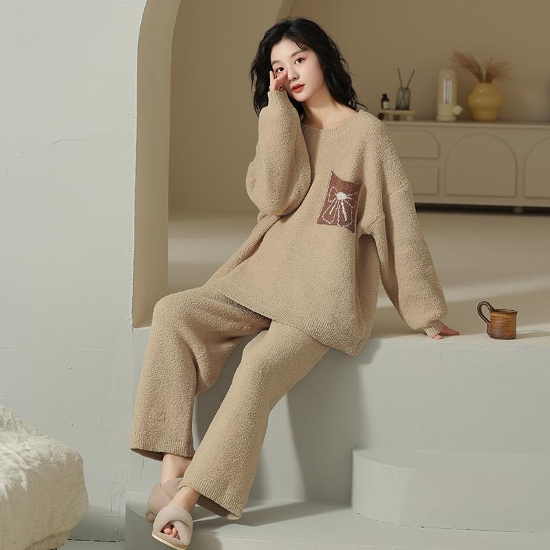 パジャマ レディース 冬 暖かい 上下セット プルオーバー 長ズボン ウエストゴム リボン ポケット 厚手..