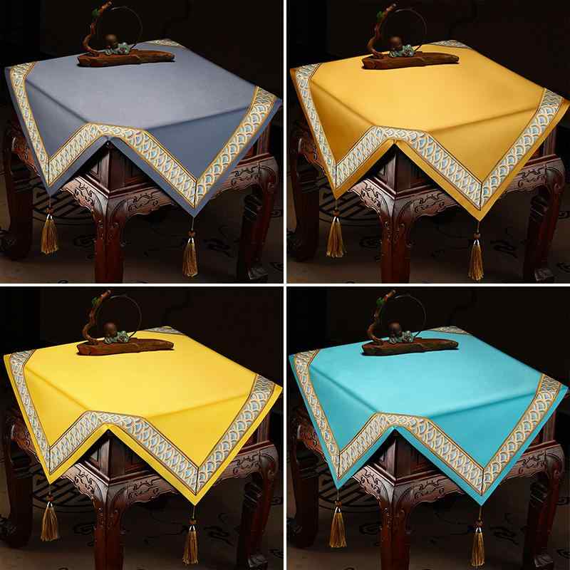 テーブルクロス おしゃれ 中国風 正方形 タッセル 光沢 リビング 寝室 ダイニング 机 キャビネット 防塵 カバー 装飾 インテリア 小物 シンプル エレガント 黄 青 アイボリー