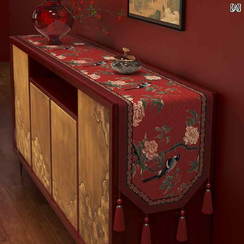 テーブルランナーおしゃれ 中国風 レトロ 長方形 クロス タッセル リビング キッチン ダイニング 寝室 キャビネット 防塵 カバー 装飾 インテリア 小物 エレガント 赤 花 鳥