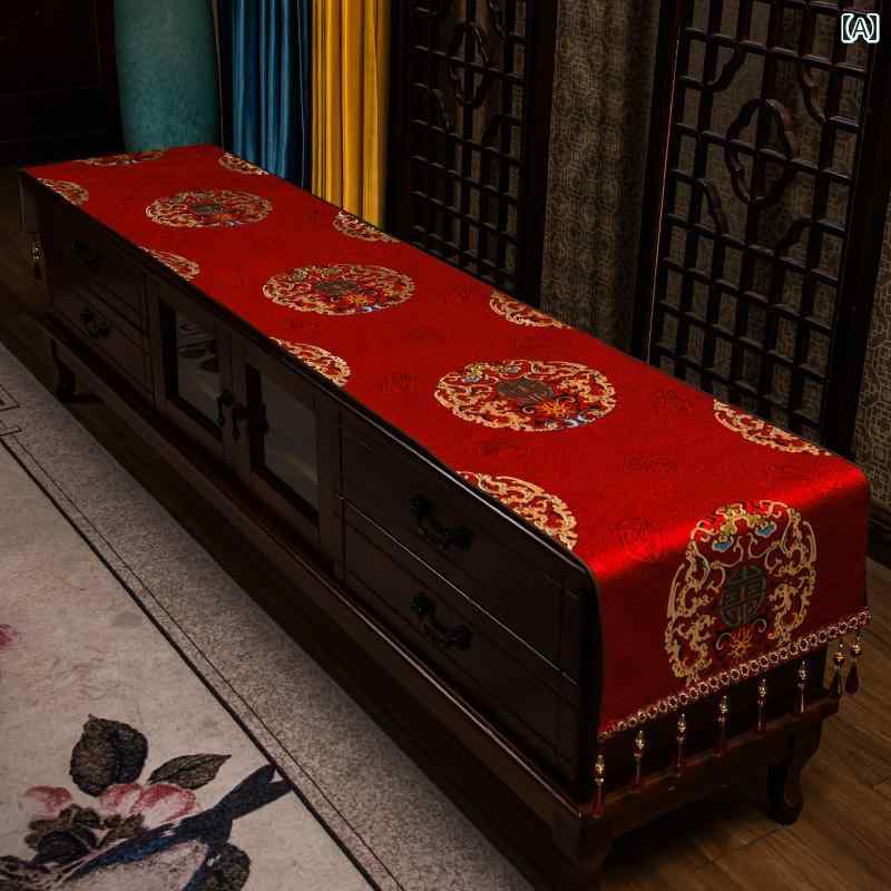 テーブルランナーおしゃれ 中国風 長方形 サテン 光沢 タッセル リビング キッチン ダイニング 寝室 キャビネット テレビボード 防塵 カバー 装飾 インテリア 小物 エレガント 赤 黄 珈琲