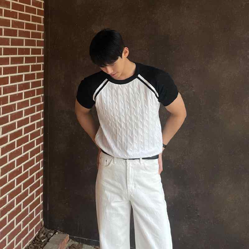 半袖ニット メンズ ラウンドネック 薄手 春夏 レトロ 厚手 Tシャツ 普段使い トップス ゆったり 韓国 黒 グレー シンプル おしゃれ カジュアル