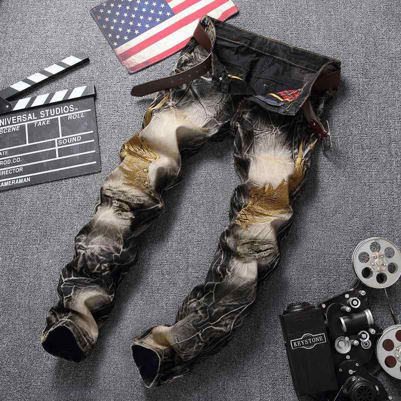 パンツ メンズ デニム 長ズボン オールシーズン カジュアル ダメージ加工 刺繍 ポケット ストレート スリム レトロ 黒 グレー 黄色