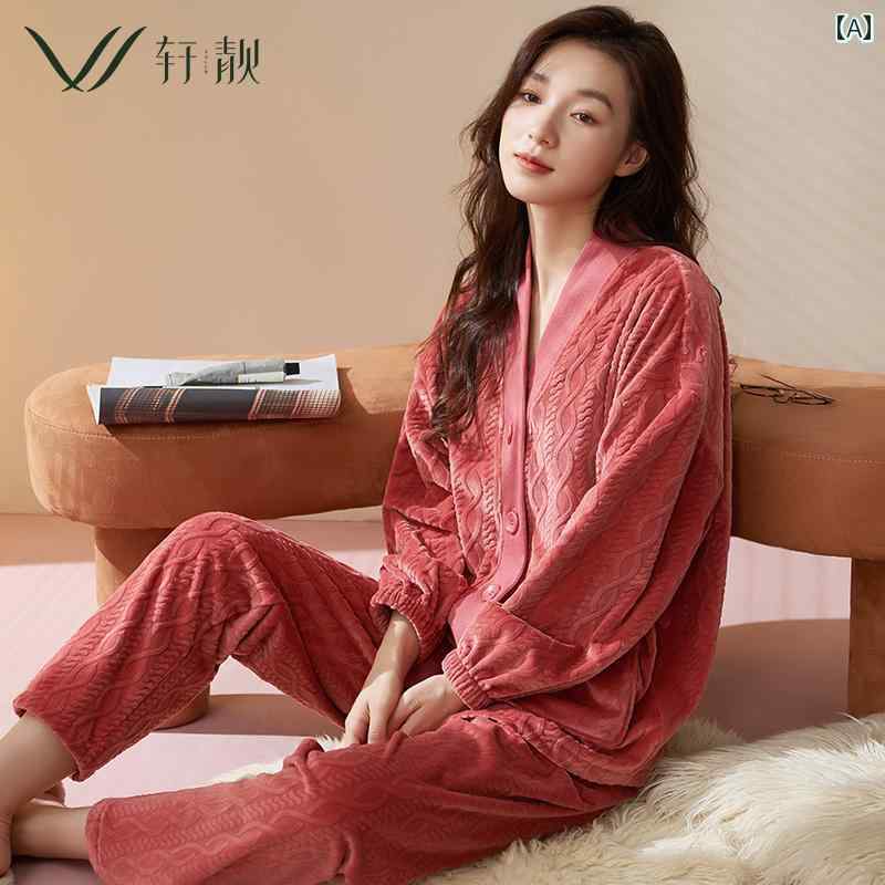 パジャマ レディース 秋冬 上下セット Vネック 前ボタン フリース 防寒 厚手 暖かい 裏地付き ルームウェア 部屋着 長袖 ズボン ウエストゴム 大きいサイズ おしゃれ 赤 黄色 グレー