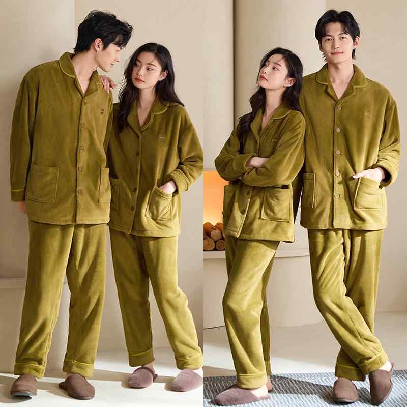 Underwear, Sleepwear - パジャマ レディース メンズ 秋冬 カップル フランネル 上下セット 厚手 暖かい 裏起毛 静電気防止 もこもこ 防寒 前ボタン 長袖 ズボン ウエストゴム ルームウェア 部屋着 大きいサイズ おしゃれ 緑 アプリコット 青