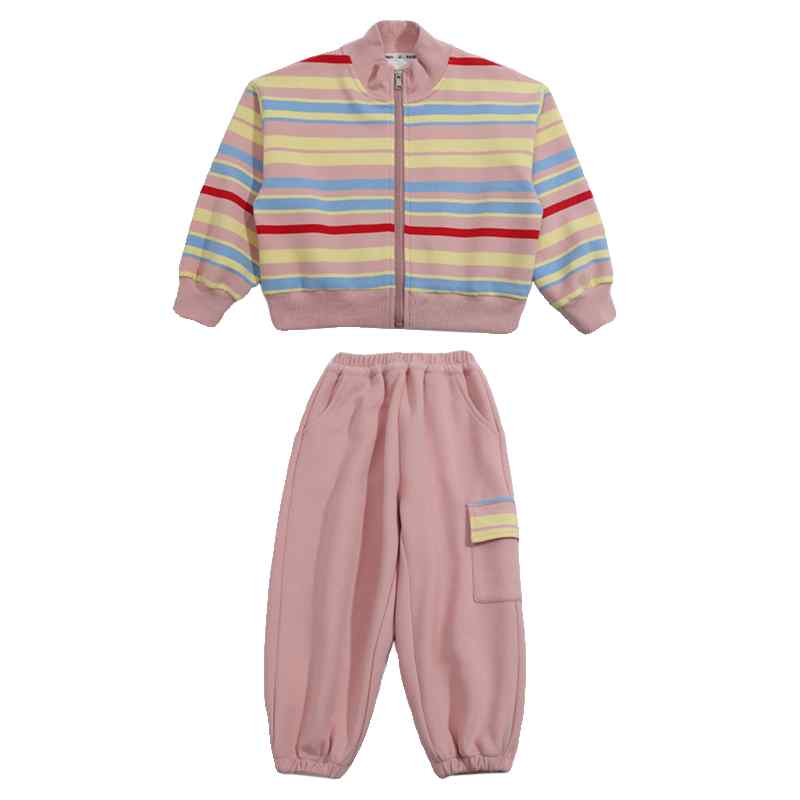 キッズ セットアップ 女の子 ベビー 春秋 スポーツ カジュアル 前開き ジップアップ スタンドカラー トップス 裾絞り ウエストゴム ロング パンツ おしゃれ ボーダー柄 ピンク 黄