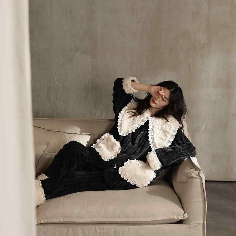 パジャマ レディース 上下セット 秋冬 レース フリル 大きめ襟 ガーリー ポケット 裏地付き 厚手 暖か..