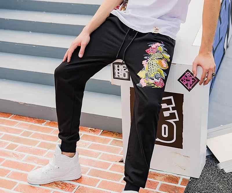 ボトムス メンズ 秋冬 中国風 刺繍 ジョガーパンツ スウェット ズボン 大きいサイズ ゆったり 通気性 ヒップホップ ストリート カジュアル 黒 鯉 獅子