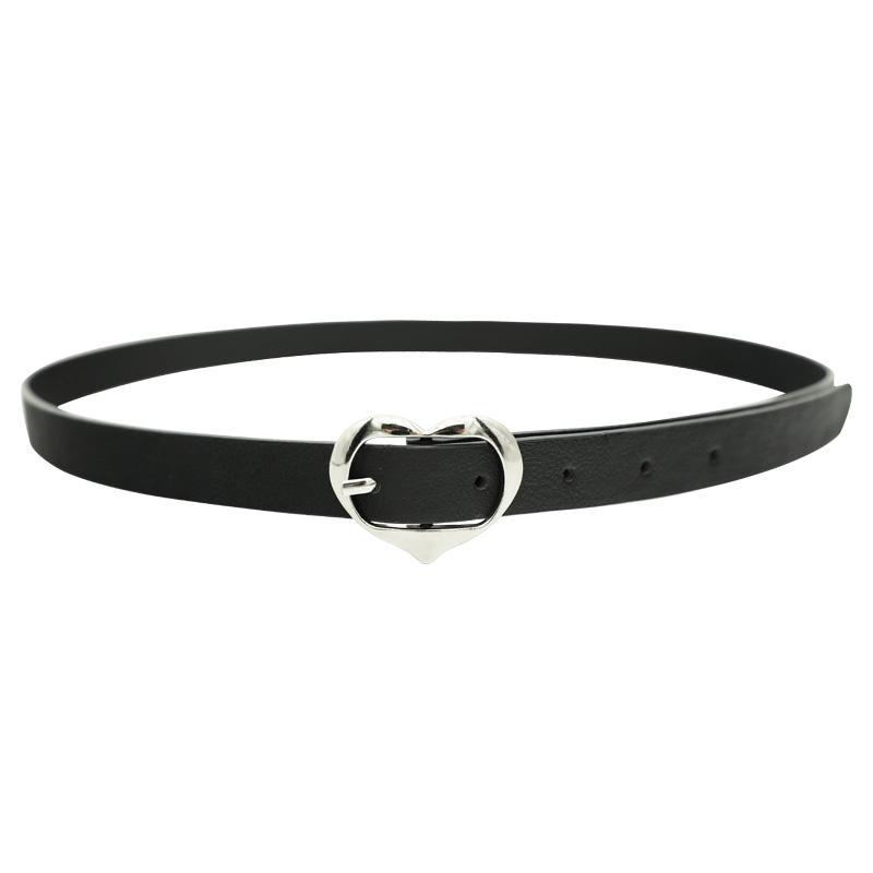 ベルト レディース おしゃれ ハート 装飾 韓国 PUレザー バックル シングルループ 柔らかい キラキラ 光沢 無地 黒 ピンク 白 重ね 普段使い ー 細め