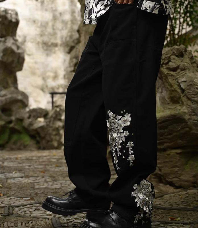 デニム 刺繍 メンズ 春秋 中国風 ボトムス ストレート ワイド 大きいサイズ ゆったりストリート カジュアル おしゃれ 黒 白 花柄