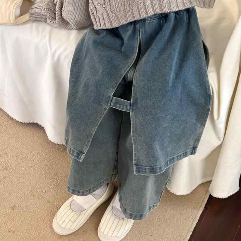 韓国 子供 服 女の子 オシャレ デニム 重ね着風 スカート付き ストレート パンツ レトロ グレー ショー..