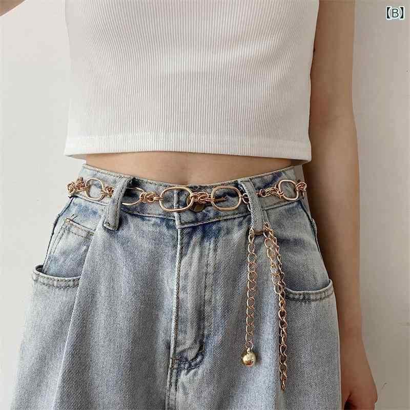 ベルト レディース おしゃれ ウエストマーク チェーン スカート 夏 装飾 普段使い デート 細め 光沢 シングルループ フック バックル 合金 シルバー ゴールド