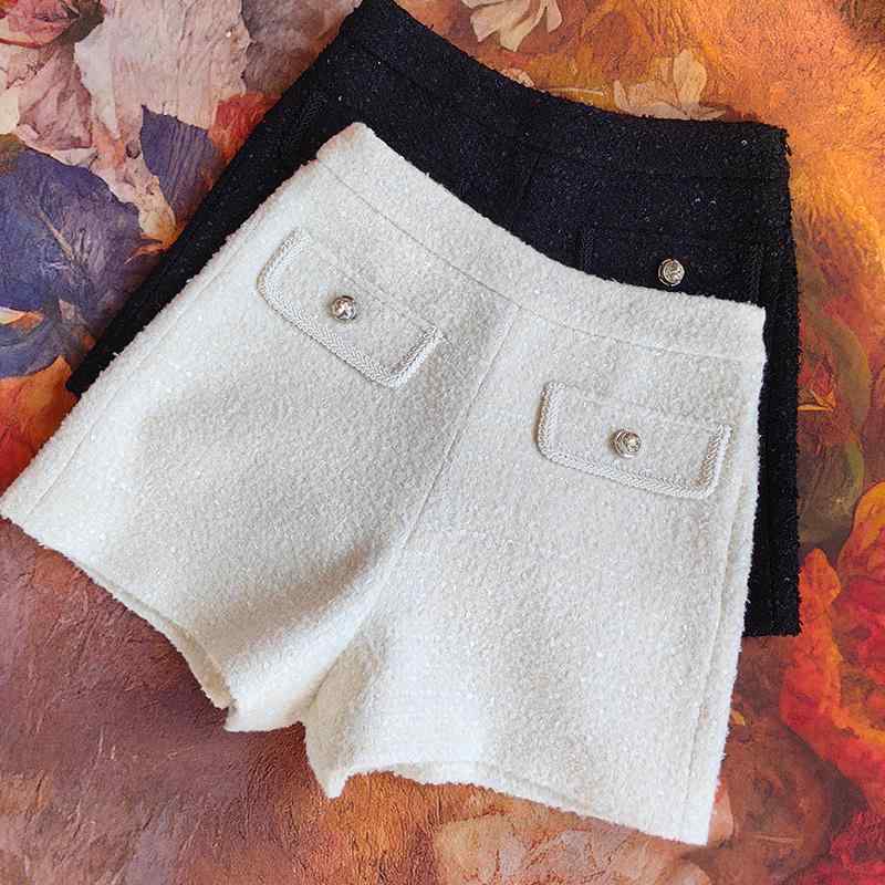ツイード ショートパンツ ウール レディース 秋冬 ハイウエスト ワイドレッグ 白 黒 スパンコール カジ..