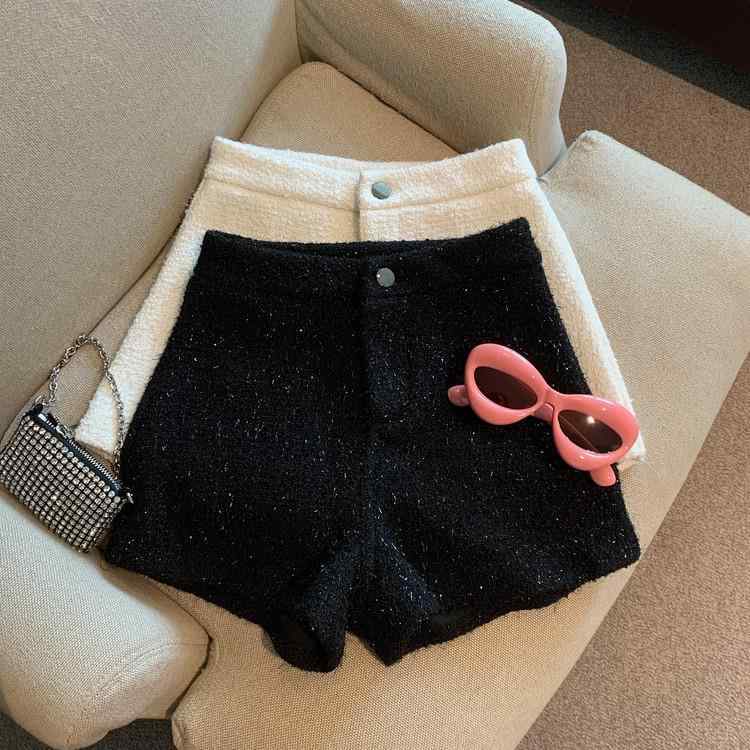Other - ツイード ショートパンツ レディース 秋冬 ハイウエスト Aライン ワイドレッグ カジュアル きれいめ デート 白 黒 フロントファスナー
