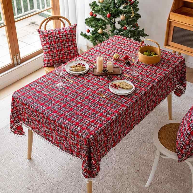 テーブルクロス 赤 ギンガムチェック クリスマス パーティー 家庭用 秋冬 長方形 撥水 防汚 ポリエステル スノーフレーク 結晶柄 アンティーク調 レトロ 欧風 クラシック インテリア 華やか フリンジ デコレーション