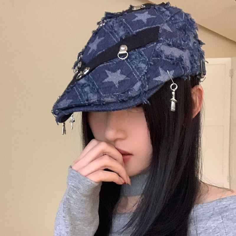 キャップ レディース 韓国 個性的 サンシェード ヴィンテージ風 星 小顔効果 春夏 ショッピング デート つば広 ストリート おしゃれ 青