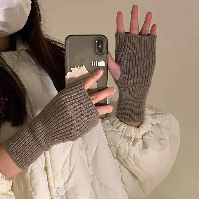 手袋 レディース 指なし 冬 暖かい かわいい スマホ対応 ウール ニット リブ 柔らかい 厚手 手首 グローブ 防寒 防風 保温 通勤 通学 自転車 学生 普段使い お出かけ アウトドア プレゼント カジュアル シンプル 無地 グレー カーキ 青