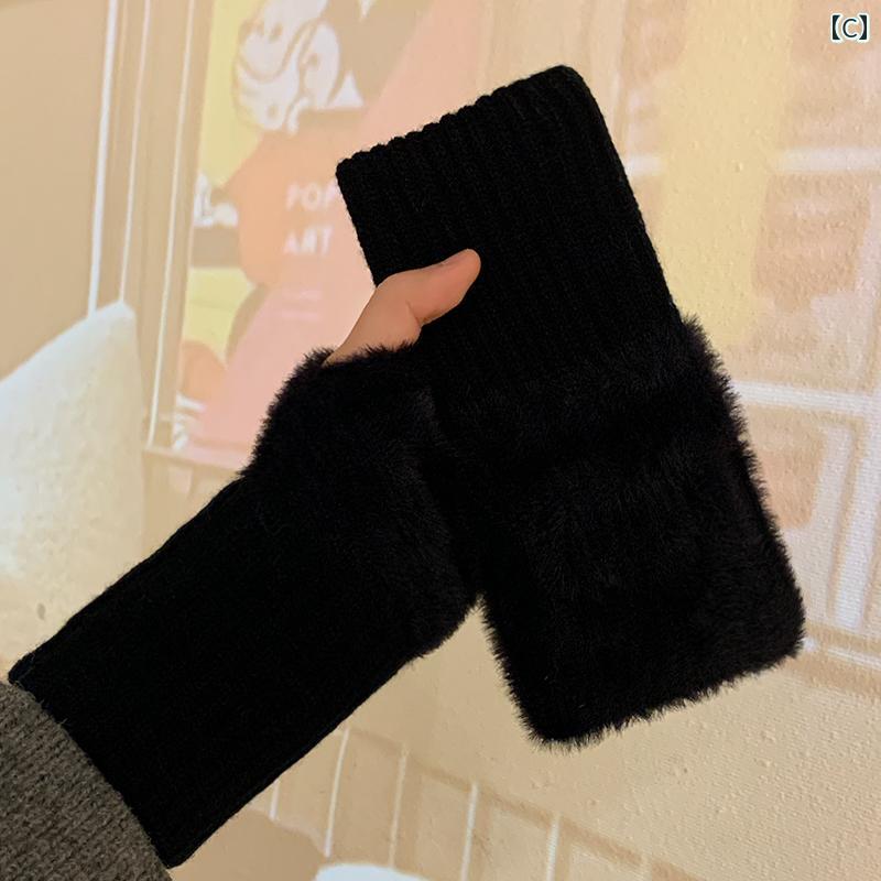 手袋 レディース 指なし 冬 暖かい かわいい スマホ対応 ウール ふわふわ もこもこ 柔らかい 厚手 手首 グローブ 防寒 防風 保温 通勤 通学 自転車 学生 普段使い お出かけ アウトドア プレゼント カジュアル シンプル 無地 黒 カーキ ピンク