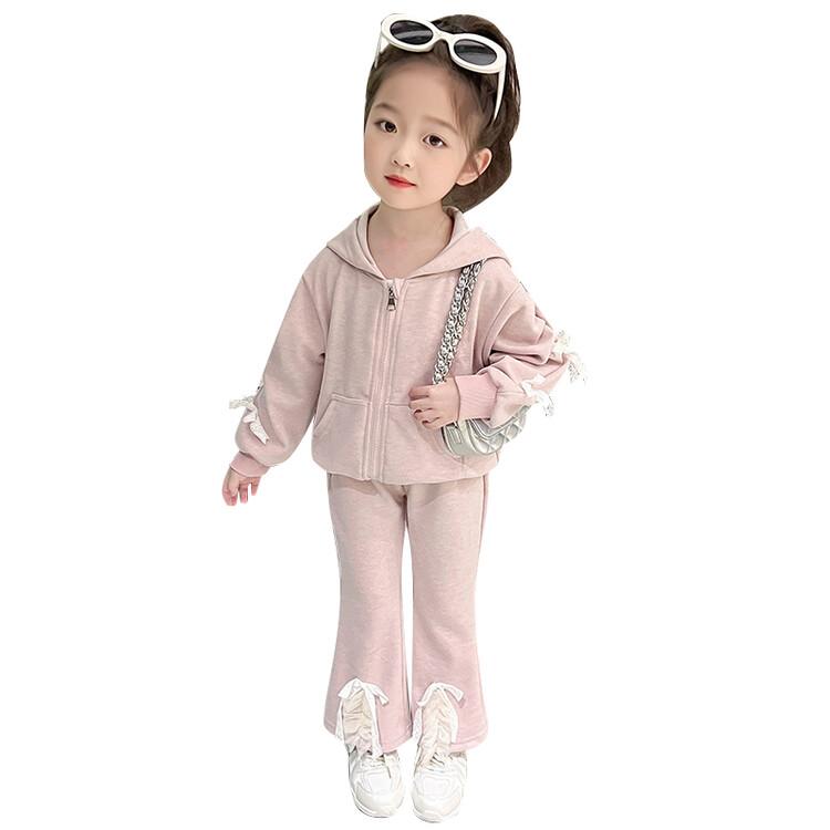 キッズ セットアップ 女の子 春秋 長袖 ジップアップ 前開き フード ポケット リボン 長ズボン フレア ウエストゴム おしゃれ ピンク 緑