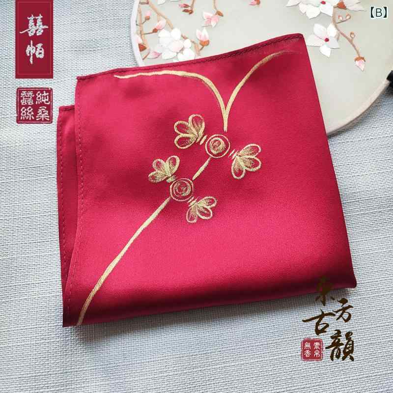 ウエディング ハンカチ 中国風 新郎新婦 お祝い ギフト 無地 光沢生地 ゴールド プリント シンプル 上品 正方形 手ぬぐい おしゃれ 赤