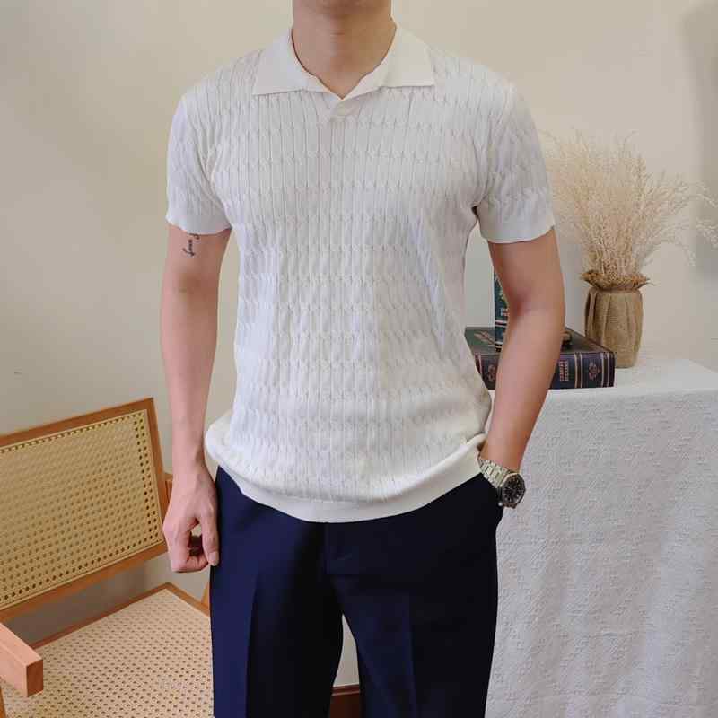 ニット ポロシャツ メンズ 夏 ラペル カジュアル スリム 半袖 無地 通気性 ビジネス 襟付き ケーブル編..
