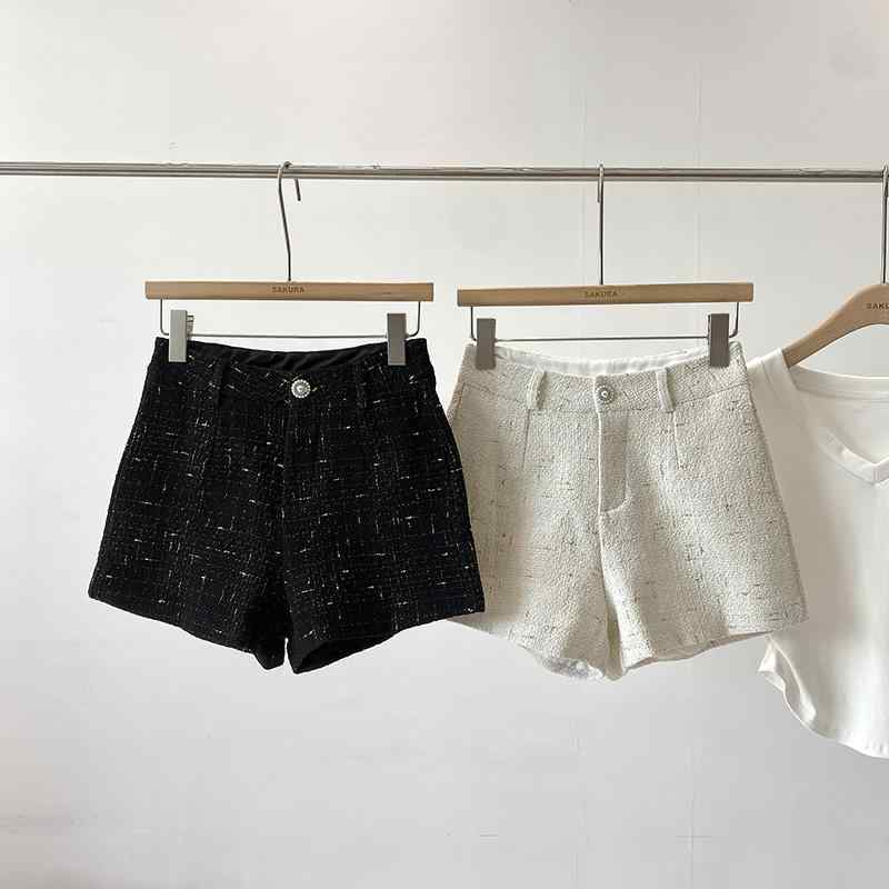 ショートパンツ レディース 秋冬 韓国 ツイード ジッパー ハイウエスト Aライン ワイドレッグ 体型カバ..