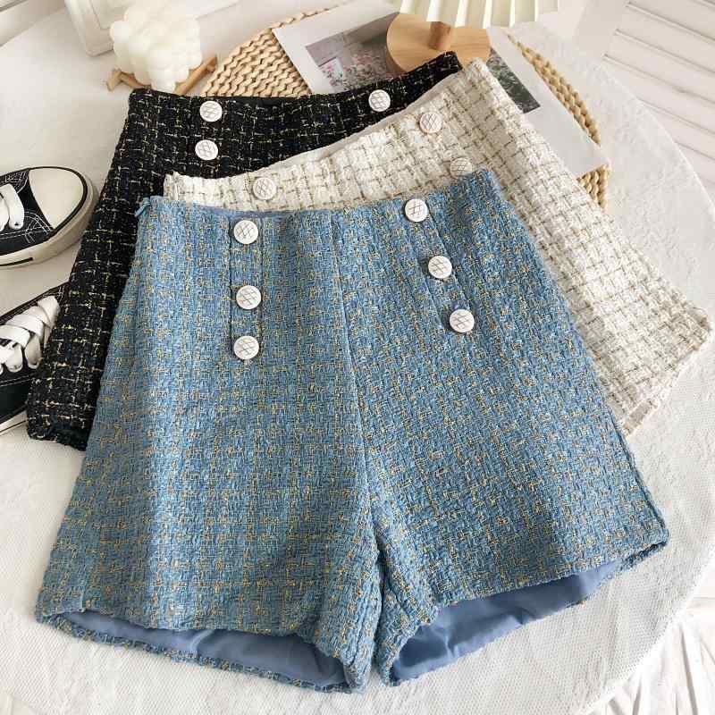 ショートパンツ レディース 冬 ツイード サイドジッパー ボタン ハイウエスト ワイドレッグ 体型カバー おしゃれ チェック柄 青 白 黒