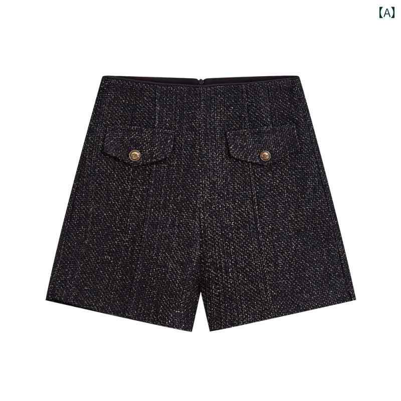 フロントップ楽天市場店のツイード ショートパンツ 秋冬 レディース ハイウエスト Aライン カジュアル きれいめ 韓国 グレー 黒 ボタン デート 通学 通勤｜アングル2