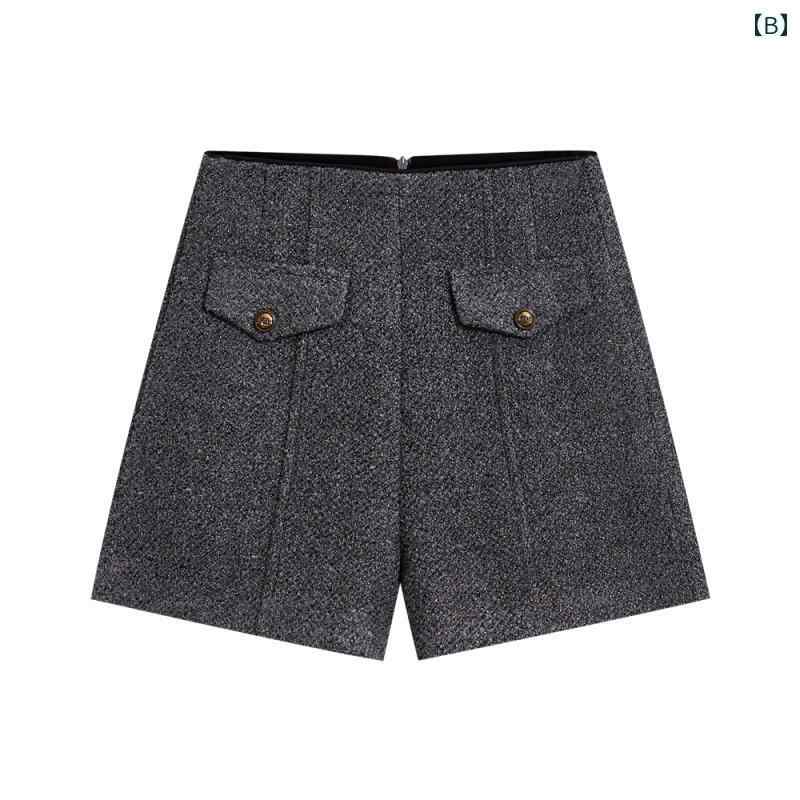 フロントップ楽天市場店のツイード ショートパンツ 秋冬 レディース ハイウエスト Aライン カジュアル きれいめ 韓国 グレー 黒 ボタン デート 通学 通勤｜アングル3