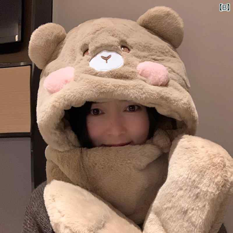 手袋 マフラー 帽子 一体型 レディース 冬 暖かい かわいい クマ 耳 ファー ふわふわ もこもこ 柔らかい 厚手 ネックウォーマー ミトン フード 小顔効果 防寒 防風 保温 自転車 お出かけ アウトドア プレゼント ピンクベージュ 茶色 乳白