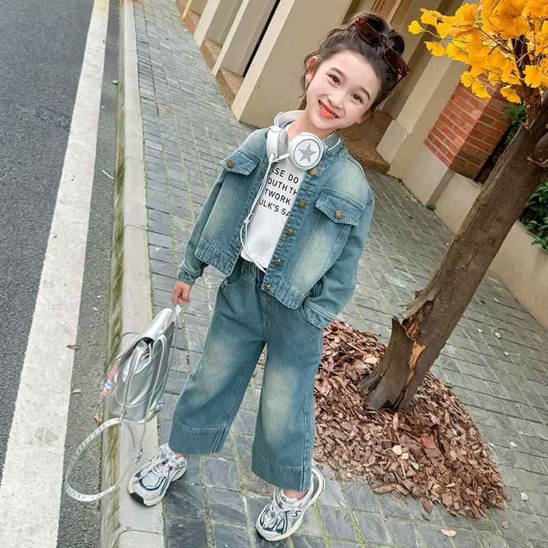 女の子 セットアップ 春秋 デニム おしゃれ キッズ カジュアル スポーティー レジャー ジャケット ボタン ワイドレッグ シングルブレスト