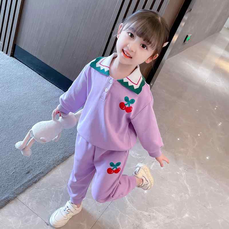 女の子 セットアップ 秋 キッズ カレッジスタイル カジュアル スポーティー おしゃれ さくらんぼ 襟 ピンク 紫 ボタン レジャー ルームウェア