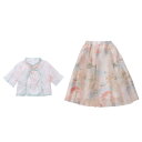 漢服 キッズ 夏 かわいい 女の子 子供用 スカート 上下セット チャイナ風 プリーツ ウエストゴム シースルー スタンドカラー フリル 柄 景色 半袖 リボン カジュアル 普段使い お出かけ オレンジ