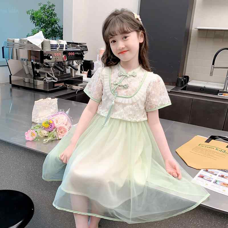 漢服 キッズ 夏 かわいい 女の子 子供用 スカート スタンドカラー チャイナボタン フリル 半袖 シースルー 柄 タッセル ビーズ 薄手 柔らかい 普段使い お出かけ 写真 撮影 緑