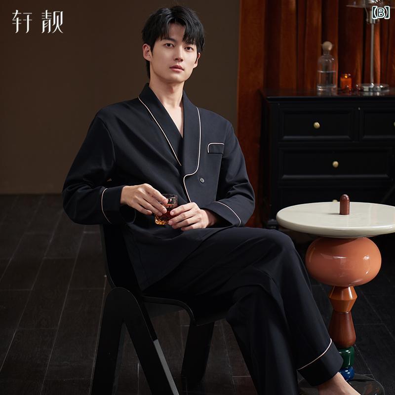 ルームウェア メンズ 上下 セット パジャマ 春秋 綿 長袖 前開き Vネック ボタン ロングパンツ ウエストゴム ソフト 通気 おしゃれ カジュアル 茶色 黒 グレー 大きいサイズ