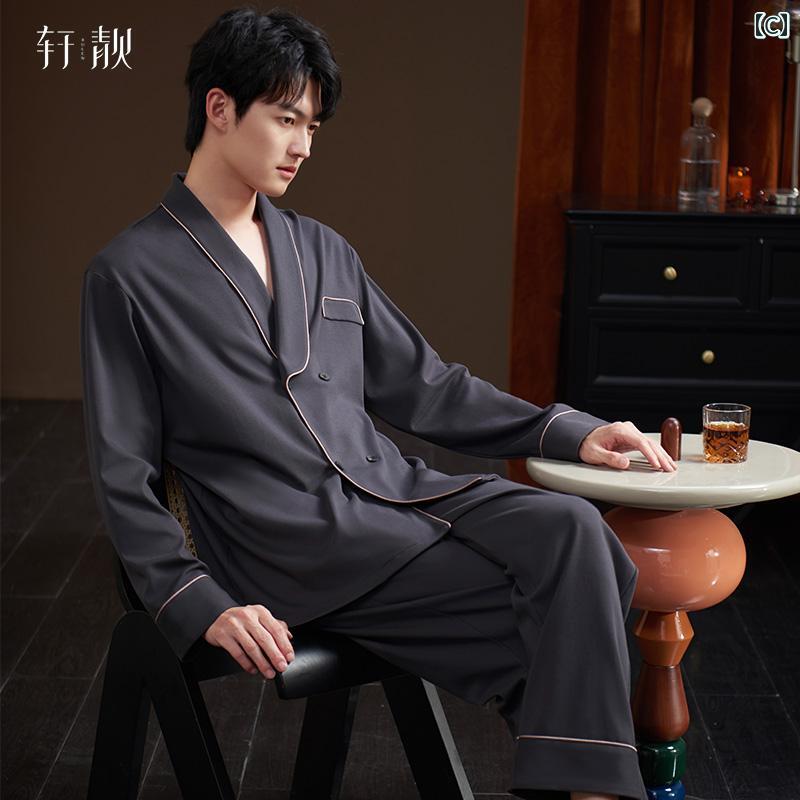 ルームウェア メンズ 上下 セット パジャマ 春秋 綿 長袖 前開き Vネック ボタン ロングパンツ ウエストゴム ソフト 通気 おしゃれ カジュアル 茶色 黒 グレー 大きいサイズ