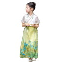 漢服 キッズ 夏 かわいい 女の子 子供用 トップス スカート上下セット レトロ 薄手 チャイナ風 レース プリーツ 紐 プリント 景色 柔らかい カジュアル 普段使い お出かけ 白 緑