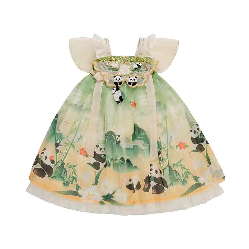 漢服 キッズ 夏 かわいい 女の子 子供用 中国風 パンダ スカート レース フリル 刺繍 花 半袖 シースル..