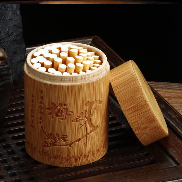 タバコケース メンズ 車 蓋つき 筒型 ボックス ポータブル 竹 木製 紳士 おしゃれ ギフト チャイナ風 彫刻 漢字 卓上 リビング