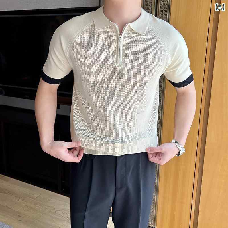 ポロシャツ 半袖 メンズ 夏 ビジネス カジュアル 襟付き ハーフジップ ニット トップス 薄手 通気性 ス..