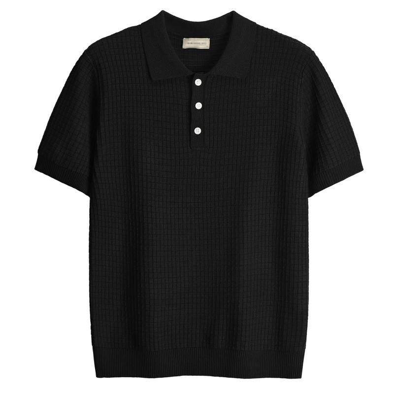 ポロシャツ 半袖 メンズ 夏 ひんやり 涼しい 折り襟 三つボタン トップス カジュアル ビジネス 無地 上品 ジャカード 格子柄 スリムフィット 大きいサイズ シンプル 黒 白