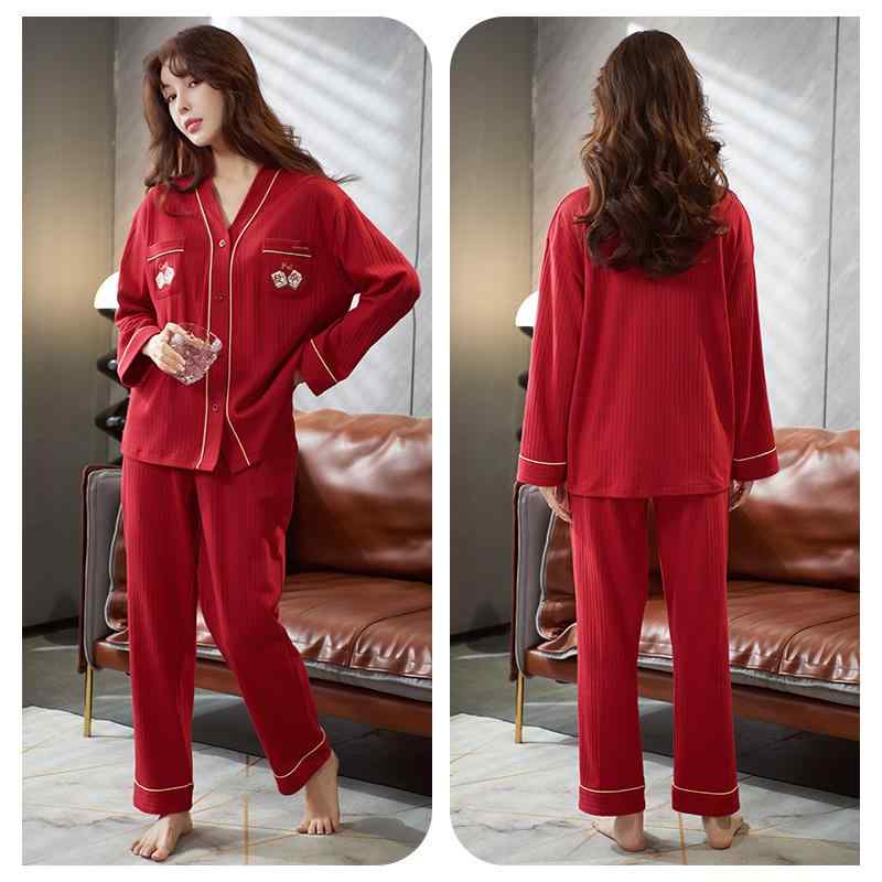 パジャマ レディース 上下セット 麻雀牌 刺繍 レトロ リブ 春秋 綿 毛玉になりにくい 通気性 前ボタン ..