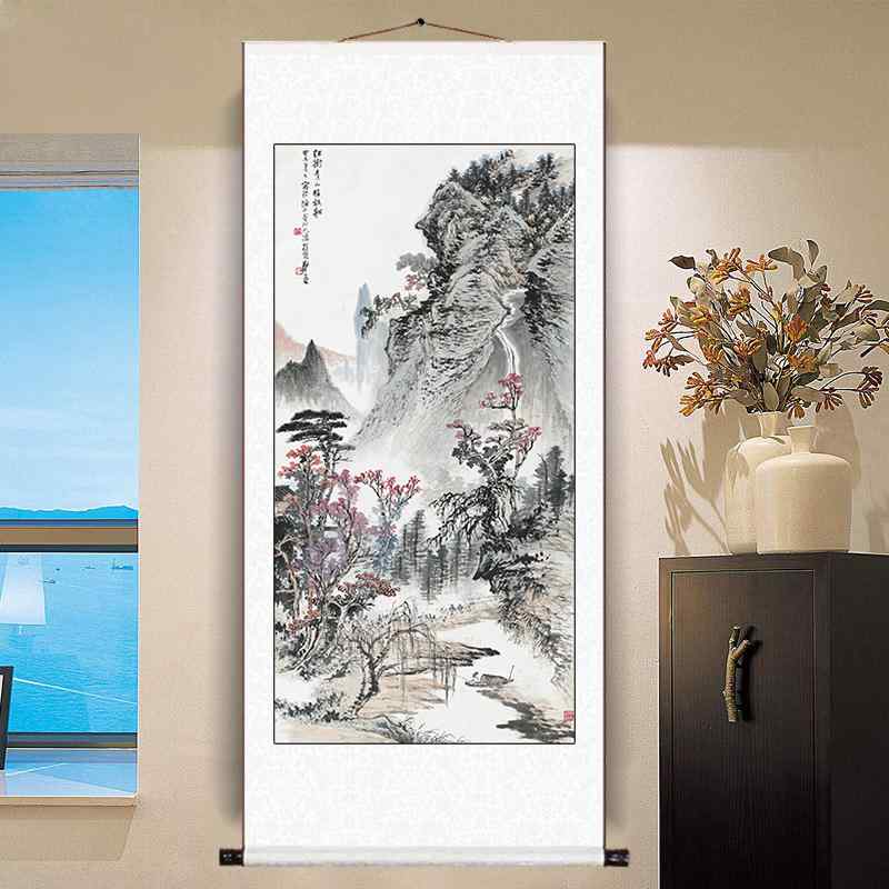 掛け軸 床の間 風景 山脈 木 家 チャイナ風 垂直 インク 壁画 吊り下げ 絵画 装飾 レイアウト 巻き 和..