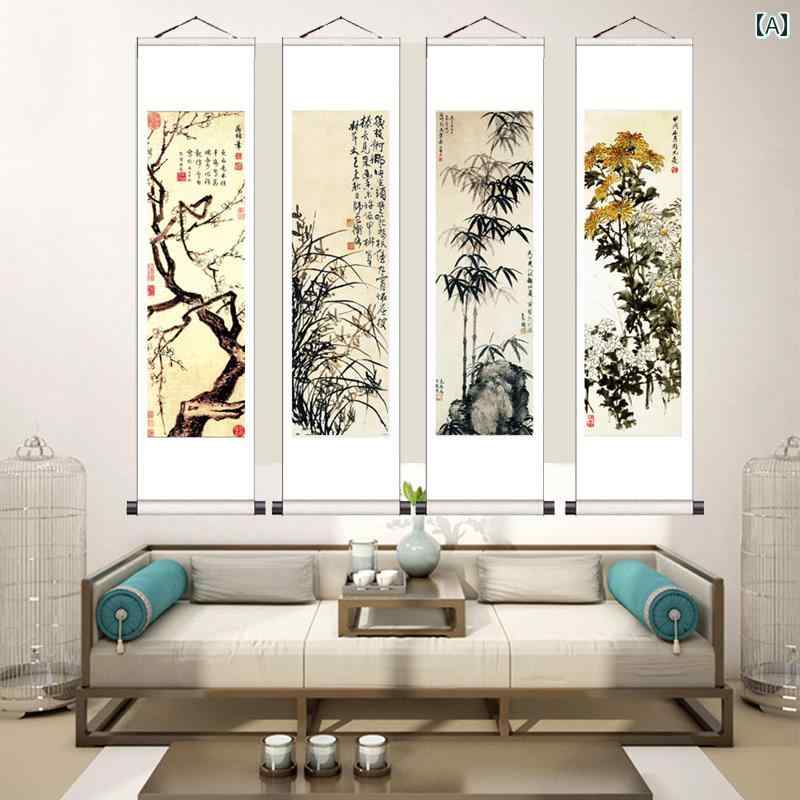 掛け軸 床の間 チャイナ風 書斎 リビング 壁 装飾 4枚 巻物 ロング アート 美術 書道 花 漢字 風景 梅 ..