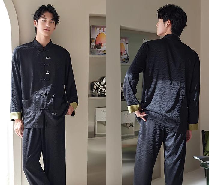 メンズ 部屋着 セットアップ 長袖 春秋 ルームウェア おしゃれ スタンドカラー チャイナボタン 中国風 パジャマ 男性 快適 前開き ウエストゴム 柄 ひんやり 涼しい 薄手 普段使い 黒 赤
