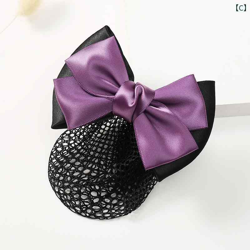 シニヨンネット かわいい 韓国 銀行 スチュワーデス レディース ヘアアクセサリー サテン 青 黒 紫 シンプル 普段使い まとめ髪 簡単 リボン