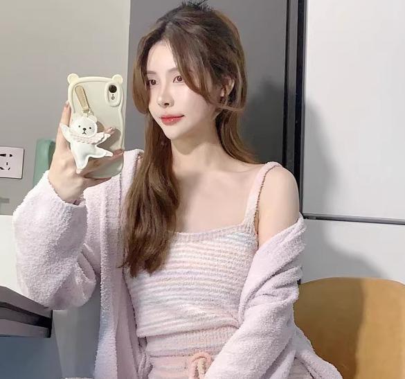 パジャマ レディース 冬 暖かい 上下セット 厚手 柔らかい ふわふわ ニット キャミソール ウエストゴム 長ズボン ガウン ルームウェア 3点 レインボー ストライプ フリーサイズ