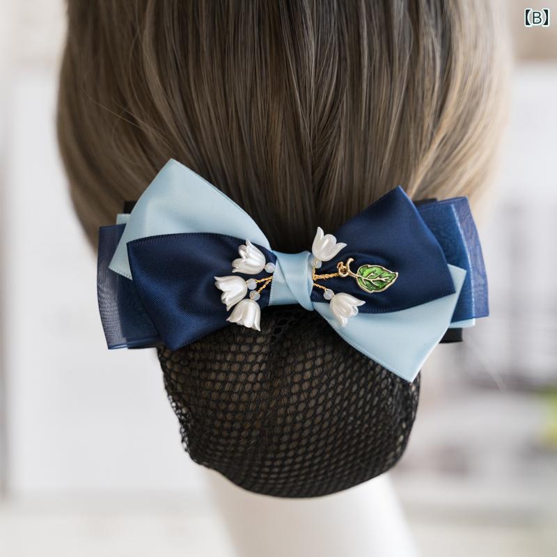 シニヨンネット かわいい 花 ヘアアクセサリー ホテル 銀行 バレッタ メッシュ 青 紫 黒 韓国 まとめ髪 簡単 シンプル ナチュラル お団子 リボン