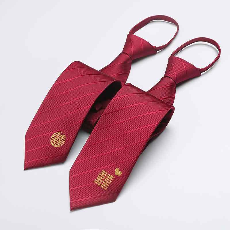 ネクタイ おしゃれ メンズ ワンタッチ ジッパー ポリエステル パーティー チャイナ風 結婚式 ストライプ 双喜紋 赤 プレゼント 記念日