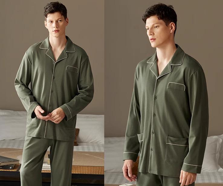 メンズ 部屋着 セットアップ 長袖 春秋 ルームウェア おしゃれ パジャマ カジュアル コットン 大きいサイズ ゆったり ウエストゴム 前開き ボタン ポケット 無地 シンプル 普段使い 緑