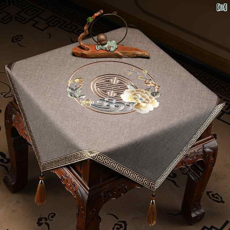 テーブルクロス おしゃれ チャイナ風 紅木 花 植物 カバー タッセル 正方形 シンプル エレガント 食卓 リビング 寝室 ベッド グレー ベージュ 赤